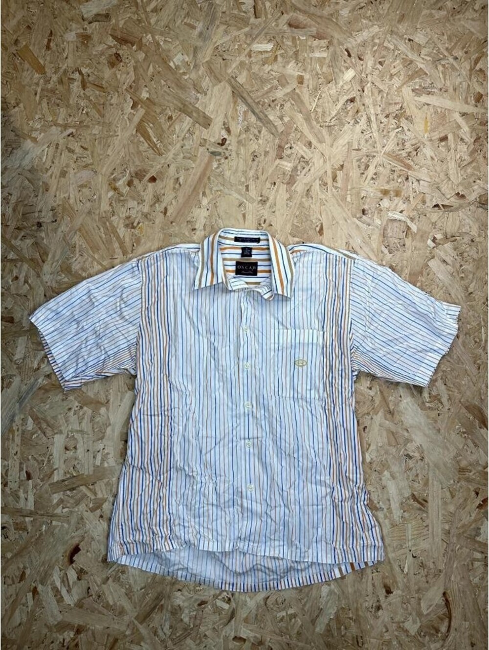 Oscar de la Renta Shirt Mens Medium White Blue Orange Striped Short Sleeve